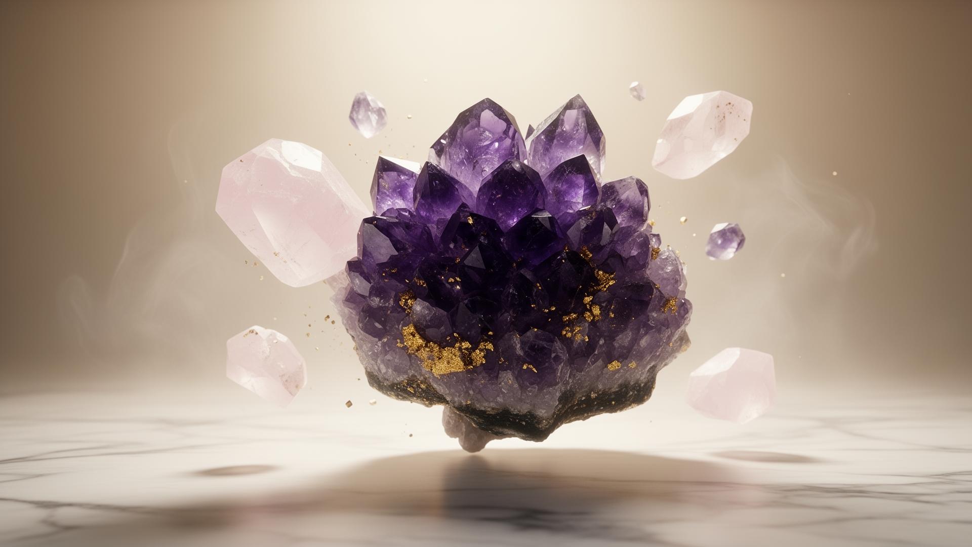Floating amethyst and rose quartz crystals